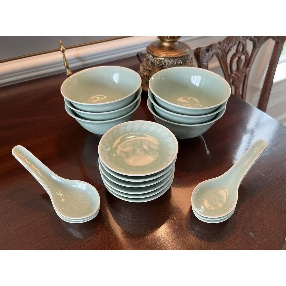 Longquan Celadon Koi Fish Rice Soup Bowls, Sauce Plates, Soup Spoons 18 Pieces